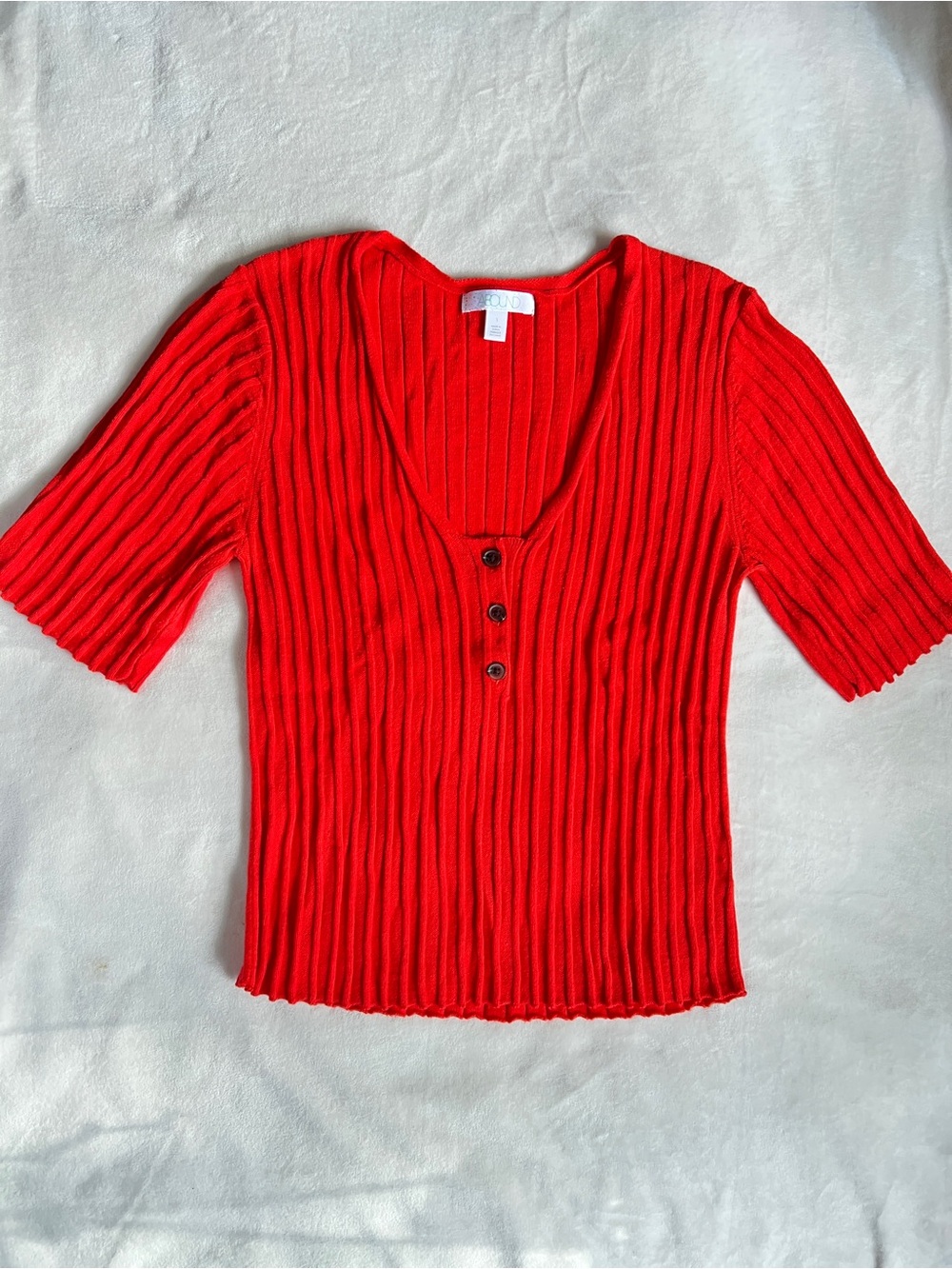Abound Red Ribbed V-Neck Button Short Sleeve Tee